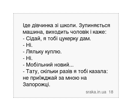 Іде дівчинка зі школи. Зупиняється машина, виходить чоловік і каже: - Сідай, я тобі цукерку... | Анекдоти українською | Срака