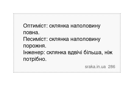 Оптиміст: склянка наполовину повна. Песиміст: склянка наполовину порожня. Інженер: склянка вдвічі більша, ніж потрібно. | Анекдоти українською | Срака