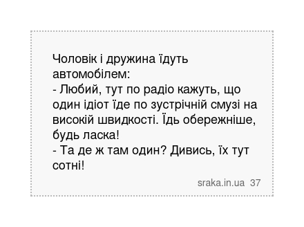 Чоловік і дружина їдуть автомобілем: - Любий, тут по радіо кажуть, що один ідіот їде по зустрічній смузі на високій швидкості. Їдь обережніше, будь ласка! - Та де ж там один? Дивись, їх тут сотні! | Анекдоти українською | Срака