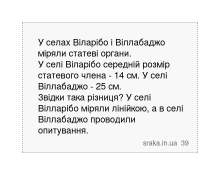 У селах Віларібо і Віллабаджо міряли статеві органи. У селі Віларібо середній розмір статевого члена - 14 см. У селі Віллабаджо - 25 см. Звідки така різниця? У селі Вілларібо міряли лінійкою, а в селі Віллабаджо проводили опитування. | Анекдоти українською | Срака