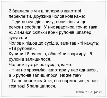 Зібралася сім'я шпалери в квартирі переклеїти. Дружина чоловікові каже: - Піди до сусідів знизу, вони тільки-що ремонт зробили. У них квартира точно така ж, дізнайся скільки вони рулонів шпалер купували. Чоловік пішов до сусідів, запитав - ті кажуть: «16 рулонів». Купили 16 рулонів, обклеїли квартиру - 5 рулонів залишилося. Чоловік зустрічає сус... | Анекдоти українською | Срака
