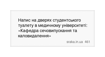 Напис на дверях студентського туалету в медичному університеті: «Кафедра сечовипускання та каловидалення» | Анекдоти українською | Срака