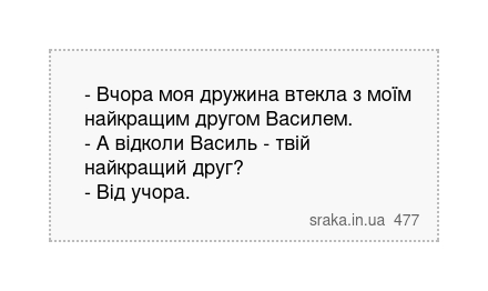 - Вчора моя дружина втекла з моїм найкращим другом Василем. - А відколи Василь - твій найкращий друг? - Від учора. | Анекдоти українською | Срака
