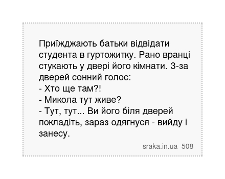 Приїжджають батьки відвідати студента в гуртожитку. Рано вранці стукають у двері його кімнати.... | Анекдоти українською | Срака