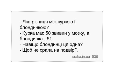 - Яка різниця між куркою і блондинкою? - Курка має 50 звивин у мозку, а блондинка - 51. - Навіщо... | Анекдоти українською | Срака