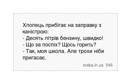Хлопець прибігає на заправку з каністрою: - Десять літрів бензину, швидко! - Що за поспіх?... | Анекдоти українською | Срака