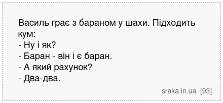Василь грає з бараном у шахи. Підходить кум: - Ну і як? - Баран - він і є баран. - А який рахунок? - Два-два. | Анекдоти українською | Срака