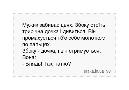 Мужик забиває цвях. Збоку стоїть трирічна дочка і дивиться. Він промахується і б'є себе молотком по пальцях. Збоку - дочка, і він стримується. Вона: - Блядь! Так, татко? | Анекдоти українською | Срака