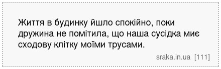 Життя в будинку йшло спокійно, поки дружина не помітила, що наша сусідка миє сходову клітку моїми трусами. | Анекдоти українською | Срака