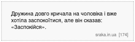Дружина довго кричала на чоловіка і вже хотіла заспокоїтися, але він сказав: «Заспокійся». | Анекдоти українською | Срака