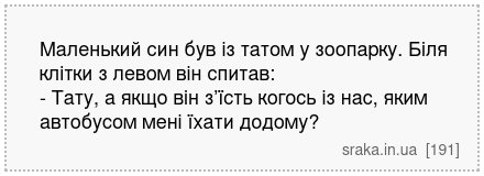 Маленький син був із татом у зоопарку. Біля клітки з левом він спитав: - Тату, а якщо він з’їсть когось із нас, яким автобусом мені їхати додому? | Анекдоти українською | Срака