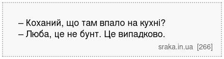 – Коханий, що там впало на кухні? – Люба, це не бунт. Це випадково. | Анекдоти українською | Срака