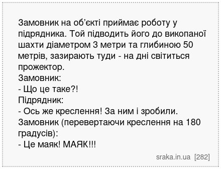 Замовник на об’єкті приймає роботу у підрядника. Той підводить його до викопаної шахти діаметром 3 метри та глибиною 50 метрів, зазирають туди - на дні світиться прожектор. Замовник: - Що це таке?! Підрядник: - Ось же креслення! За ним і зробили. Замовник (перевертаючи креслення на 180 градусів): - Це маяк! МАЯК!!! | Анекдоти українською | Срака