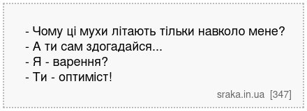- Чому ці мухи літають тільки навколо мене? - А ти сам здогадайся... - Я - варення? - Ти - оптиміст! | Анекдоти українською | Срака