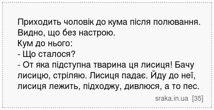 Приходить чоловік до кума після полювання. Видно, що без настрою. Кум до нього: - Що сталося? - От яка підступна тварина ця лисиця! Бачу лисицю, стріляю. Лисиця падає. Йду до неї, лисиця лежить, підходжу, дивлюся, а то пес. | Анекдоти українською | Срака