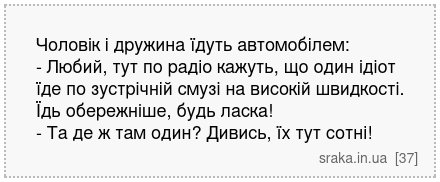 Чоловік і дружина їдуть автомобілем: - Любий, тут по радіо кажуть, що один ідіот їде по зустрічній смузі на високій швидкості. Їдь обережніше, будь ласка! - Та де ж там один? Дивись, їх тут сотні! | Анекдоти українською | Срака