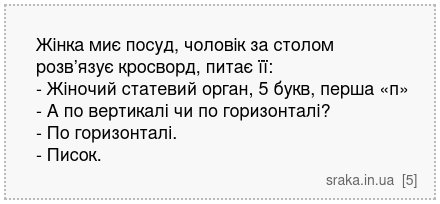 Жінка миє посуд, чоловік за столом розв’язує кросворд, питає її: - Жіночий статевий орган, 5 букв, перша «п» - А по вертикалі чи по горизонталі? - По горизонталі. - Писок. | Анекдоти українською | Срака