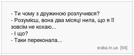 - Ти чому з дружиною розлучився? - Розумієш, вона два місяці нила, що я її зовсім не кохаю... - І що? - Таки переконала... | Анекдоти українською | Срака